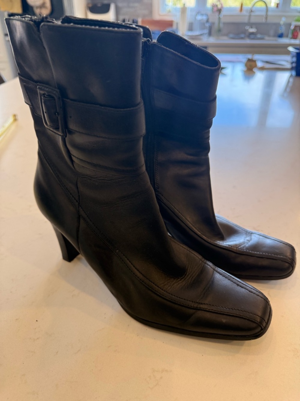 Women's Black Leather Mid-Calf Heeled Booties with Buckle Detail